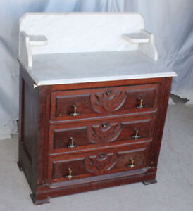 Antique American Victorian Walnut Marble Top 3 Drawer Commode Chest Of Drawers
