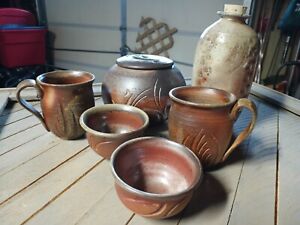 Vintage Japanese Anagama Wood Fired Ceramic Sake Set Made In Corning N Y 