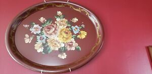 1940s Hand Painted Rare Red Tole Ware Table Size Oval Tray Cabbage Roses Rare