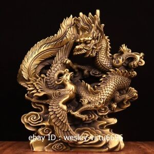 Chinese Copper Brass Handmade Auspicious Dragon And Phoenix Art Statue Ornament