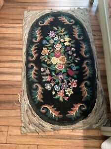 Vintage Hooked Rug Floral Floor Wall Decor Folk Art 49 X 29 