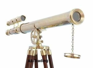 Nautical Brass Floor Standing Double Barrel Telescope With Wooden Tripod Gift