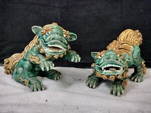 Vtg Pair Of Chinese Foo Dog Guardian Lion Statues Ceramic Pottery W Makers Mark