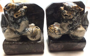 Vintage Pair Of Chinese Foo Porcelain Dogs Book Ends Enameled