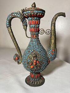 Antique Early 19th Century Handmade Tibetan Coral Turquoise Bronze Pitcher Pot