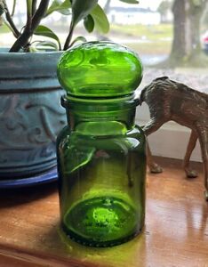 Vintage Emerald Green Glass Apothecary Canister Jars Bubble Lids Belgium