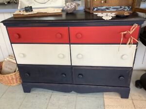 Maple 6 Drawer Dresser Painted Red White Blue Nautical Beach Decor Vintage