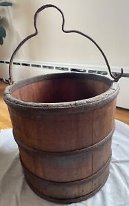 Antique Wood Water Bucket Pail Iron Bands And Handle