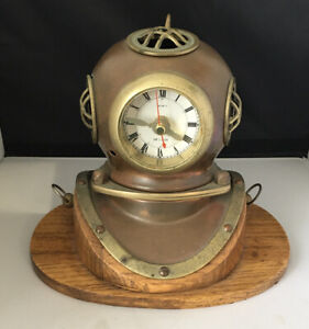 Brass Diving Divers Helmet With Clock On Wooden Base 5 X 7 