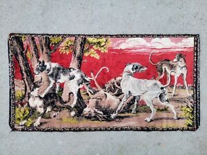 Vintage Velvet Tapestry Wall Hanging Hunting Dogs Deer 37x19 Antique Cabin Lodge