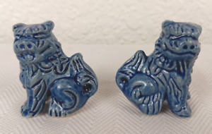 Vintage Ceramic Miniature Lucky Chinese Foo Dogs Pair Blue 1 5 Tall