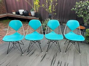 Rare 4 Vintage Herman Miller Eames Dkr Wire Bikini Chairs Turquoise Covers