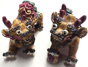 Beautiful Vintage Antique Pair Of Chinese Foo Porcelain Dogs Enameled
