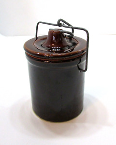 Vintage 1970 S Brown Stoneware Cheese Crock Wire Bail Clamp Lid Rubber Ring
