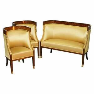 1870 French Empire Marquetry Inlaid Suite Pair Bergere Armchairs Settee Canape