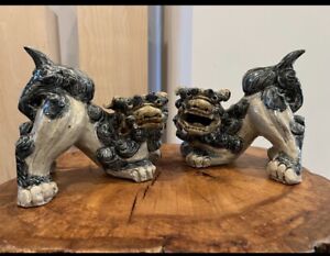 Large Chinese Foo Fu Dog Lion Gray Blue Ceramic Protection Statue Art Feng Shui