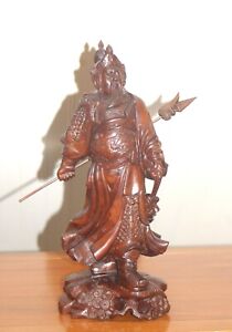 Chinese Wood Figure God Warrior Sculpture Zitan Boxwood Dieties Glass Carved