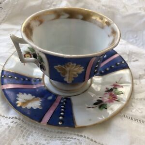 Antique Cobalt Blue Teacup Saucer Collector Cabinet Old Paris Porcelain Roses