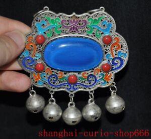 3 China Ancient Tibetan Silver Cloisonne Gem Design Exorcism Clock Bell Pendant