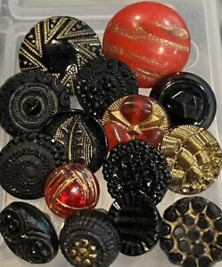 Beautiful Antique Vintage 15 Red Black Glass Buttons Lot Aventurine Lacey