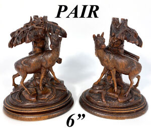 Antique Black Forest Carved Epergne Vase Or Candle Stand Pair Ibex Or Chamois