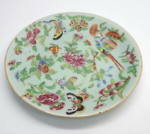 Antique Chinese Porcelain Plate Celadon Glaze Hand Painted Family Rose