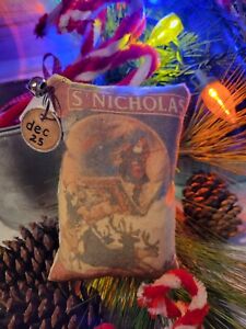 Primitive Farmhouse Christmas St Nicholas With Reindeer And Sleigh Tuck Pillow