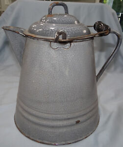 Gray Enamelware Coffee Pot W Lid Large Graniteware Kettle Antique Primitive A