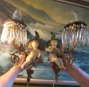 Pair Shabby Cherub Spelter Brass Sconce French Crystal Lamp Vintage Antique Old