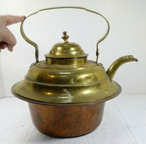 Shlf Large Antique Swedish Brass Copper Tin Lined Tea Kettle 11 X 10 5 