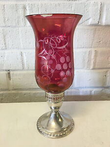 Vintage Duchin Sterling Silver Weighted Cranberry Flash Glass Vase