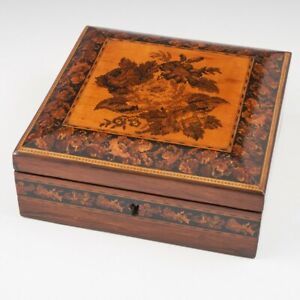 Tunbridge Ware Ladies Handkerchief Box With Berlin Wool Work Rose Mosaic C1860