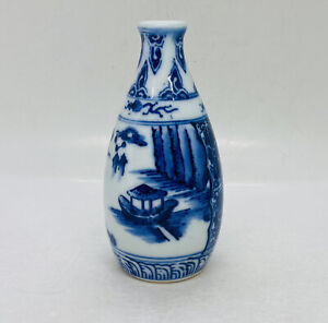 Rare 1950s Chinese Blue White Wine Bottle Painted Boat River Nature Poem Art 35