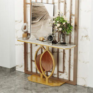Modern Console Table Sintered Stone Entry Table With Geometric Leaf Golden Base