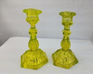 Antique Canary Glass Hexagonal Candlestick Holder Pair Vasaline Glass Pair 7 75 