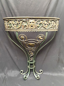 Antique Iron Bronze Spanish Revival Deco Oscar Bach Console Table Mask Glass Top