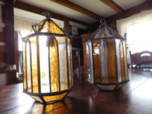 Antique Leaded Glass Panel Chandelier Swag Light Fixture Tiffany Glass Lamp Old
