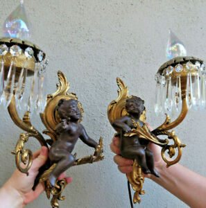 Pair Cherub Vintage Blackamoor Spelter Crystal Brass Sconce French Lamp Antique