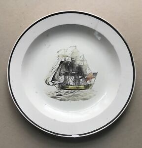 Early Liverpool Soft Paste Plate Black Transfer Ship Usa Flag 9 75in