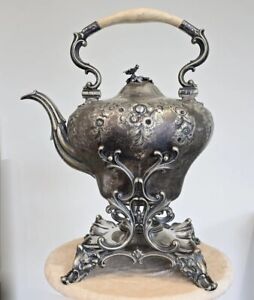 Vintage Sheffield Silver Plated Elegant Tilting Tea Kettle Pot W Warming Stand