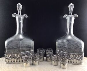Sterling Silver Antique Cherub Crystal Decanter Set Hanau Neresheimer English
