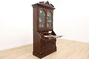 Victorian Antique 1860 Walnut Slant Front Secretary Desk Bookcase 43554