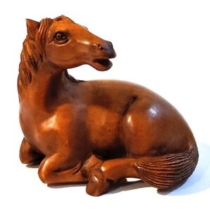Y8269 2 Hand Carved Boxwood Netsuke Handsome Horse