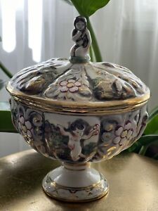 Antique Italy Capodimonte Signed Porcelain Cherub Urn W Display Base Excellent