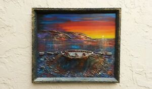 Unusual Diorama Seascape Painting With 3 Fishermen On Boat Half Hull Ship Model
