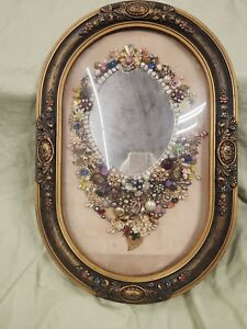 Antique Gesso Frame With Mirror With Costume Jewelry Embellishments