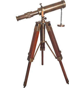 Antique Telescope With Wooden Tripod Vintage Brass D Cor Table Top Antique Gift