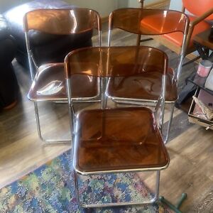 Italian Lucite Mcm Seggiometal Folding Chairs 3 Amber Lucite W Chrome