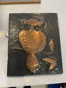 Vintage Hammered Copper Arts Crafts Style Owl Picture Wall Hanging