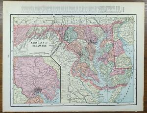 Vintage 1901 Maryland Delaware Map 14 X11 Old Antique Original Annapolis Dover